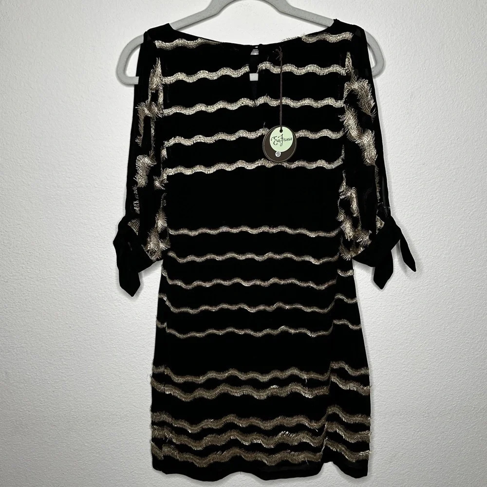 Eva Franco Dress - Size 6 - Black with Feathered Burnished Gold Trim - NWT
